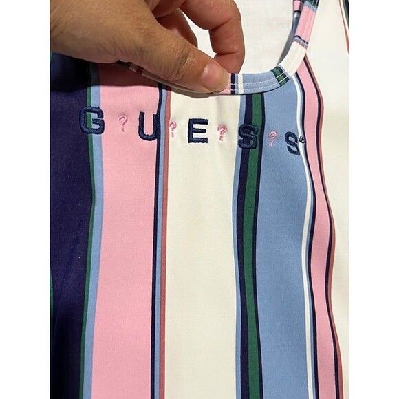 Guess logo Women's striped White/Pink scoop back thong Bodysuit snap closure EUC - Picture 4 of 11